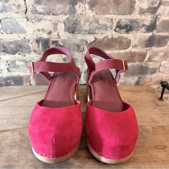 Charlotte Stone Red Suede Mules with Wooden Heel - Picture 2 of 4